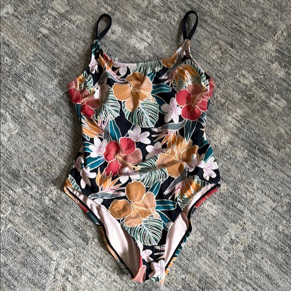 Hurley Black and tropical floral One Piece Swimsuit - open back - medium - Picture 1 of 7